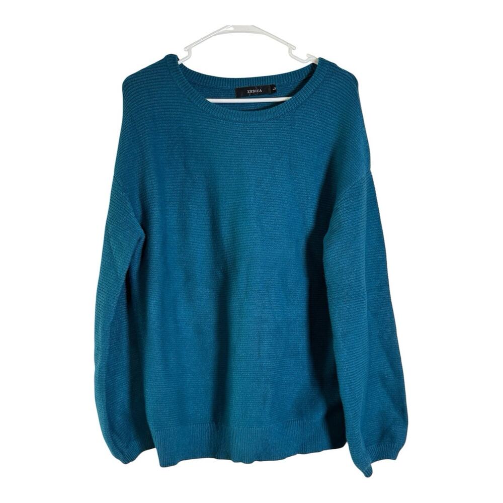 ZESICA Women’s Large Teal Blue Oversized Crewneck Knit Pullover Sweater